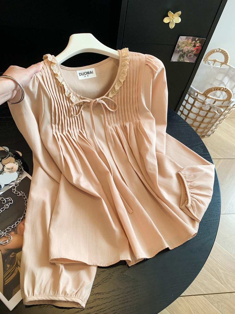 Korean Style Coffee Ruffled Tie-Front Blouse with Puff Sleeves - Style a5f614 - Image 2
