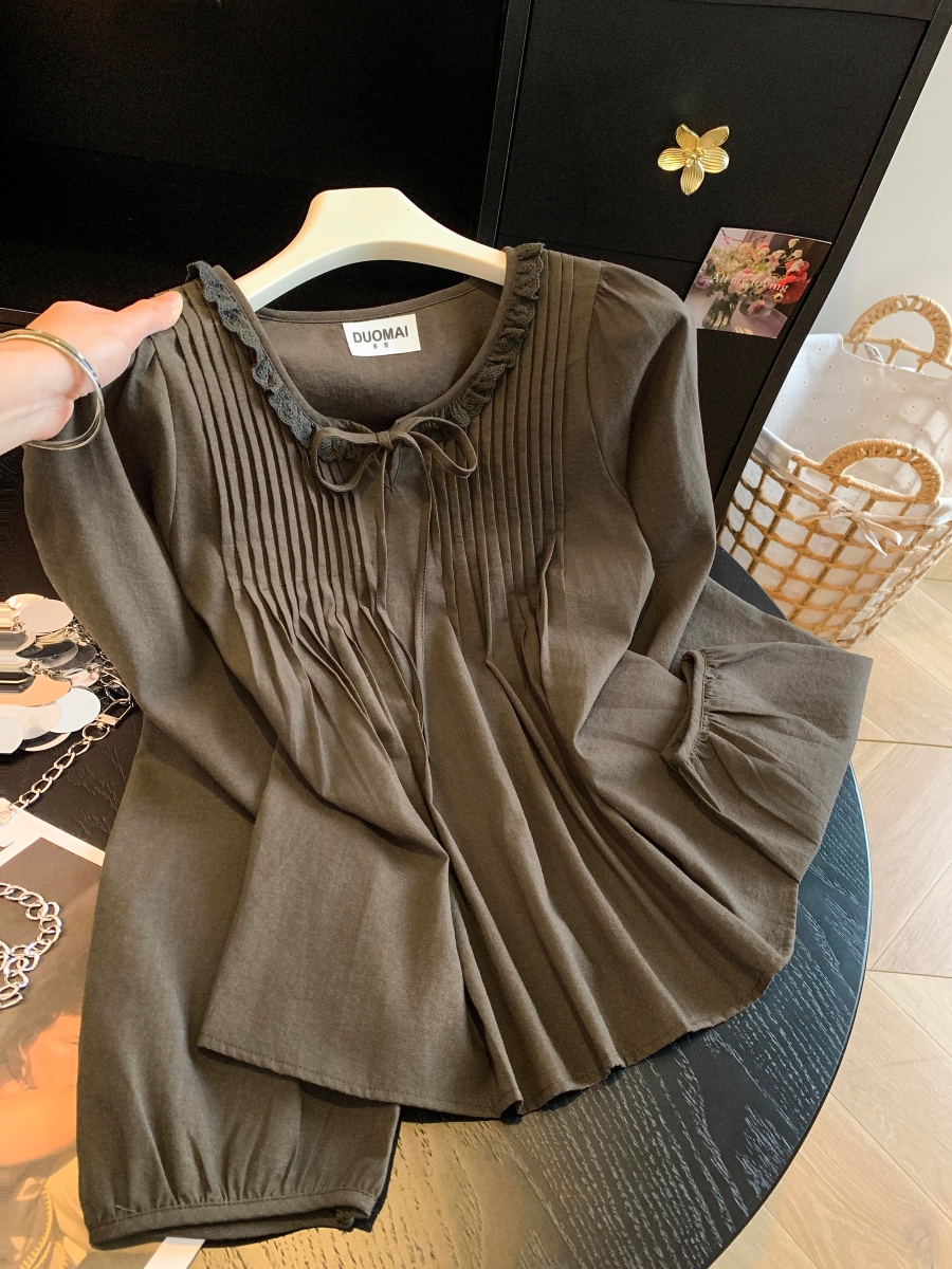 Korean Style Coffee Ruffled Tie-Front Blouse with Puff Sleeves - Style a5f614