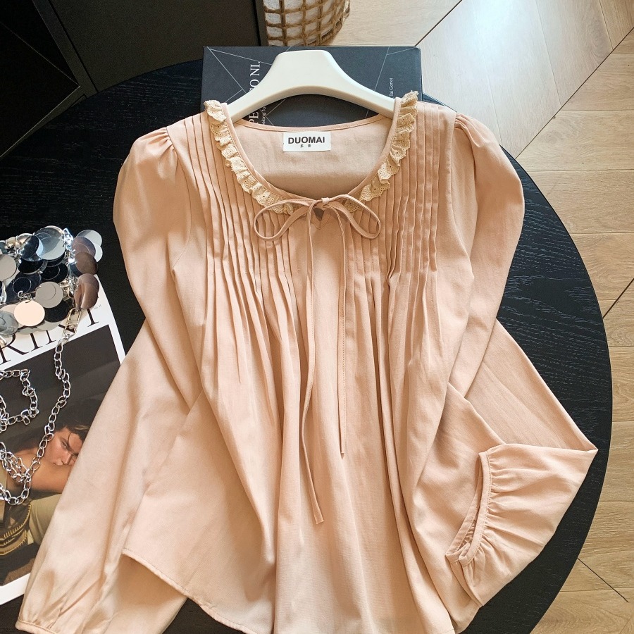 Korean Style Coffee Ruffled Tie-Front Blouse with Puff Sleeves - Style a5f614 - Image 5