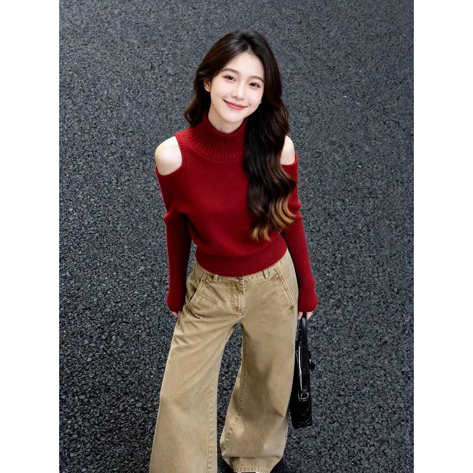 Women's Turtleneck Knit Sweater in Red, One Size, Fall 2026 - Image 5