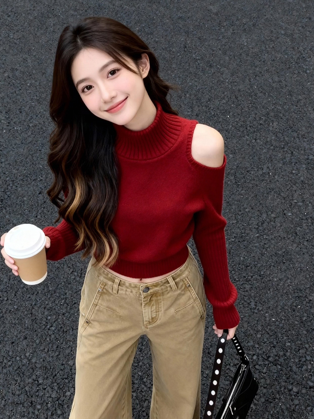 Women's Turtleneck Knit Sweater in Red, One Size, Fall 2026 - Image 2